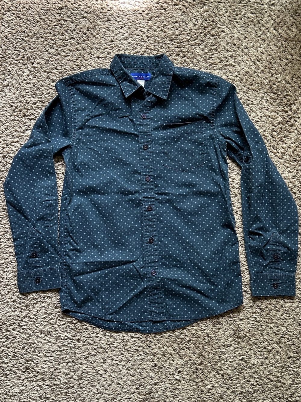 Simply Styled Sears Boy’s Dark Blue Button-Down Shirt with White Dots